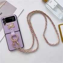 Case for Galaxy Z Flip 4 5G,Galaxy Z Flip 4 5G Case, Luxury Leather Crossbody Chain Strap Ring 3D Crystal Diamond Bling Glitter Phone Case for Samsung Galaxy Z Flip 4 5G, Purple