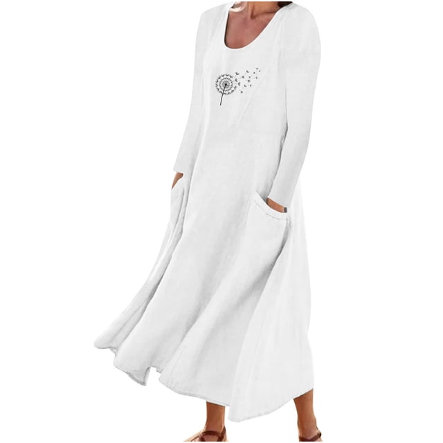 Robe en Lin de Coton pour Femmes à Col Rond Imprimé à Manches Longues Décontractée Longue Robe de Vacances Fluide avec Poches