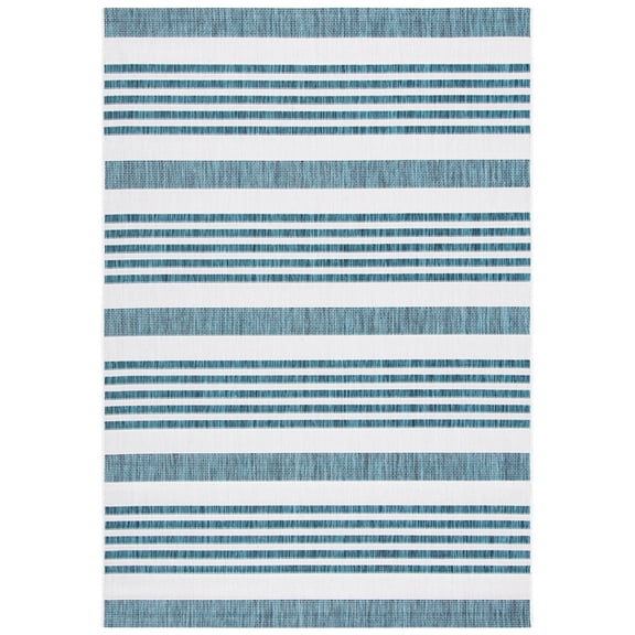 SAFAVIEH Courtyard Patrice Striped Indoor/Outdoor Area Rug, Ivory/Teal, 6'7" x 9'6"