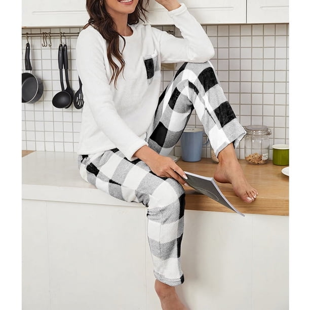 Pijama cálido de otoño e invierno para mujer, traje de franela con forro polar, pantalones a cuadros, ropa de casa