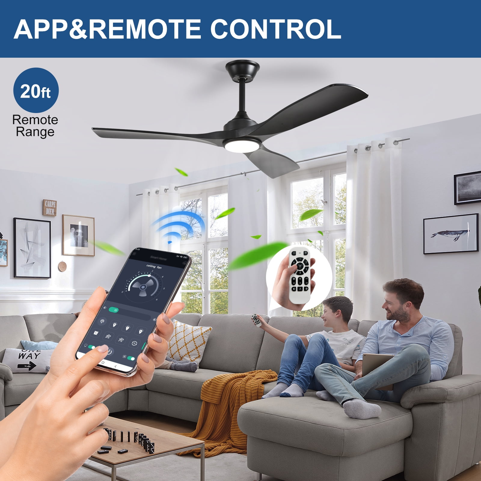 52-Inch Black Ceiling Fan with Light : Indoor/Outdoor Use Hanging Fan, Remote Control, High Efficiency with Quiet DC Motor, Timer Function