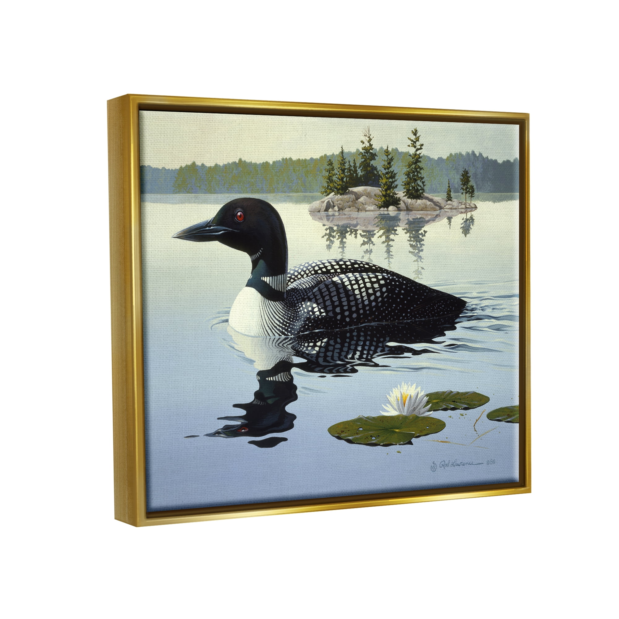 Stupell Industries Duck in Vast Pond Animals & Insects Painting Gold Floater Framed Canvas Art Print Wall Art, 21 x 17