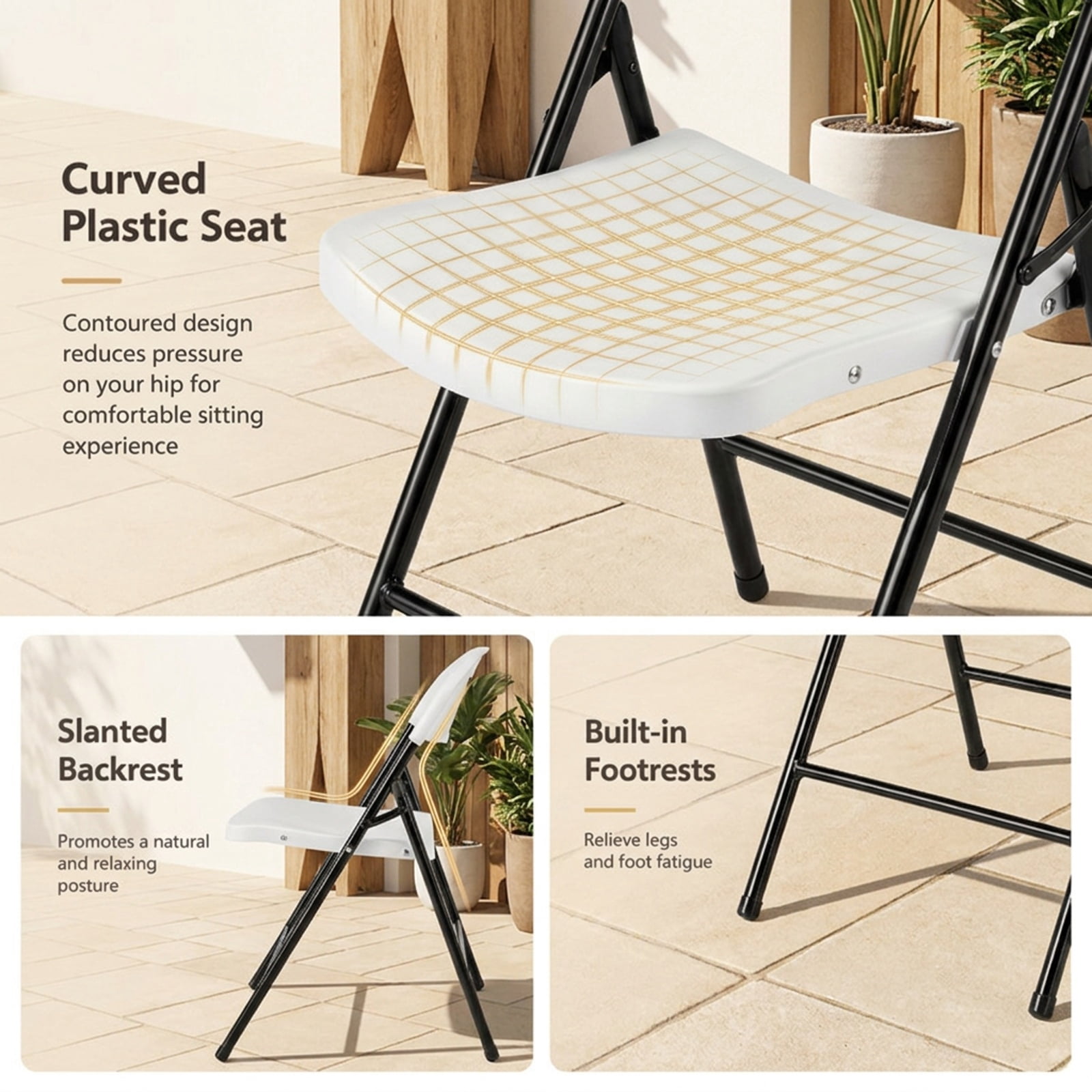 Furnibear Set of 6 Foldable Plastic Chairs with Ergonomic Backrest for Kitchen Dining Room Living Room Home, White