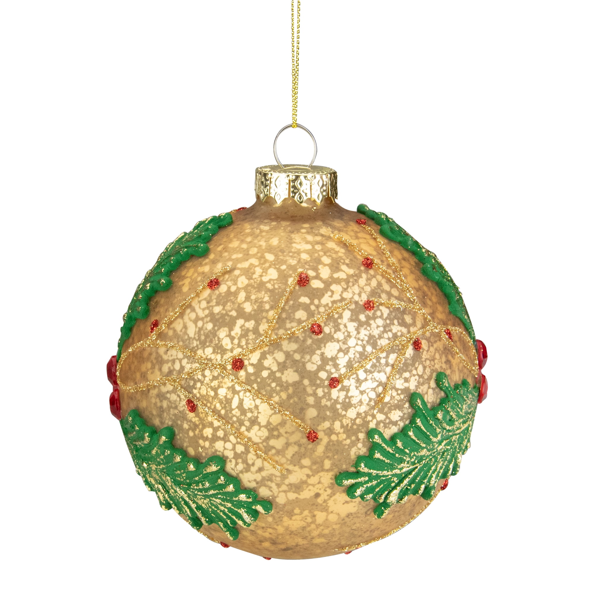 4" Gold Holly Berry Mercury Glass Ball Christmas Ornament