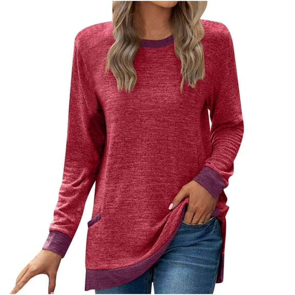 Besolor Womens Fall Spring Tunic Tops Color Match Crewneck Long Sleeve Shirts Casual Loose Trendy Pullover Blouse