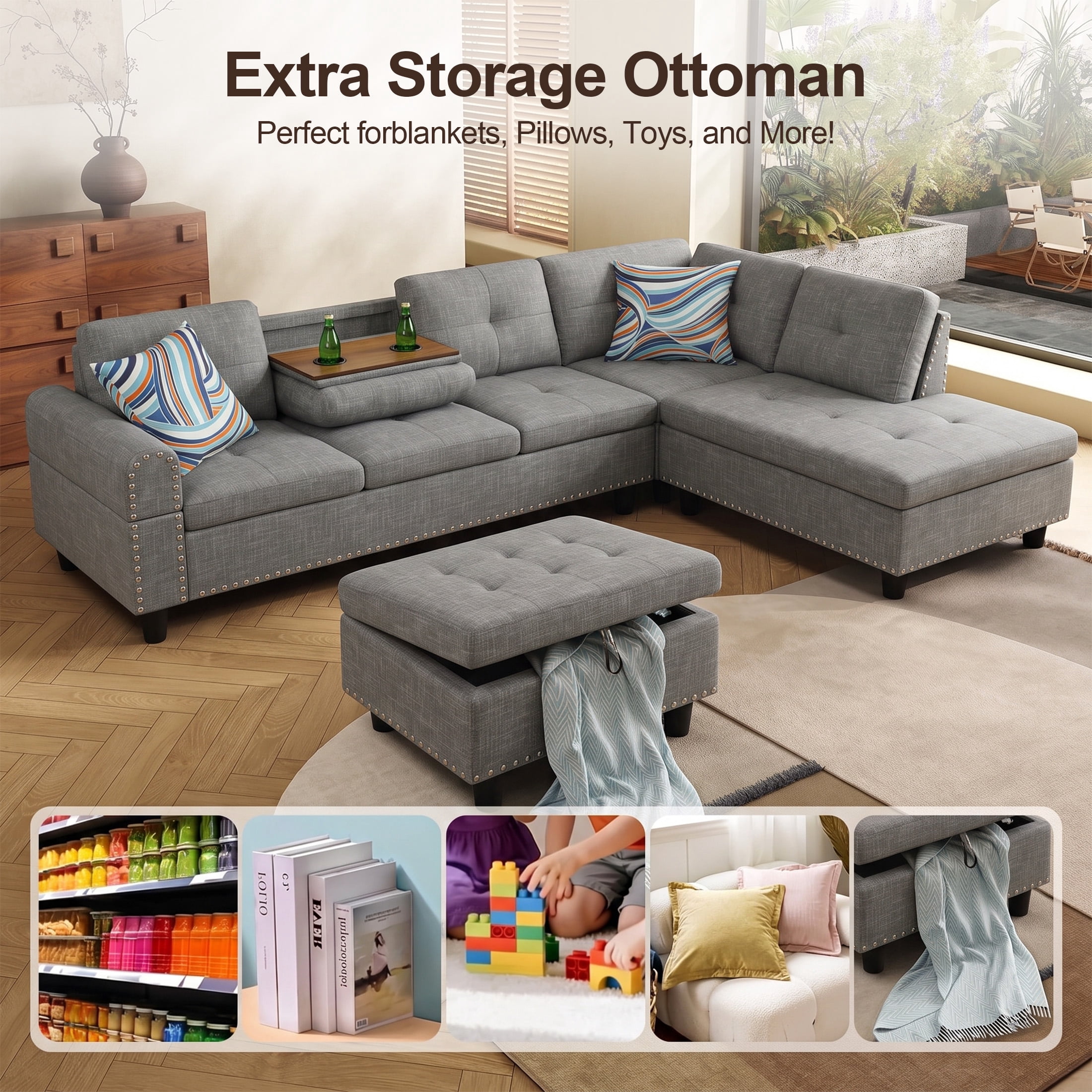 AENKYO 98" L-Shaped Sectional Sofa with Reversible Chaise, Storage Ottoman & Cup Holders, Linen, Gray