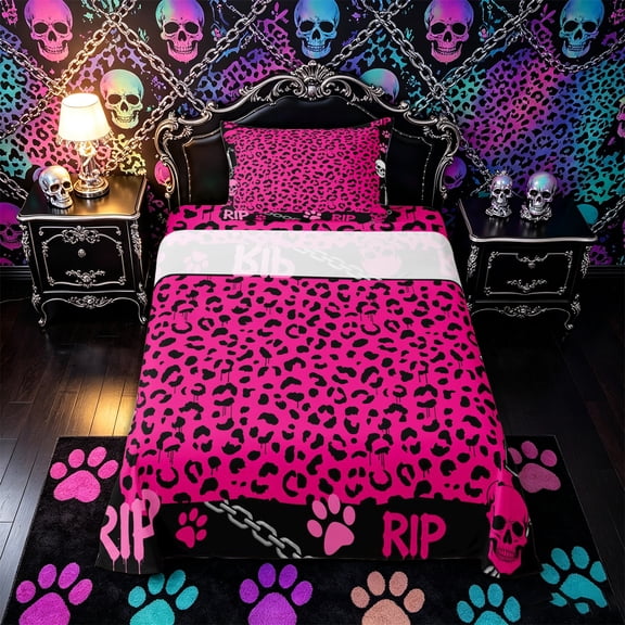 Castle Fairy Y2K Abstract Skull Twin Sheets 3pcs,Edgy Leopard Paw Bedding,Hot Pink Black,1 Fitted Sheet,1 Flat Sheet and 1 Pillowcase