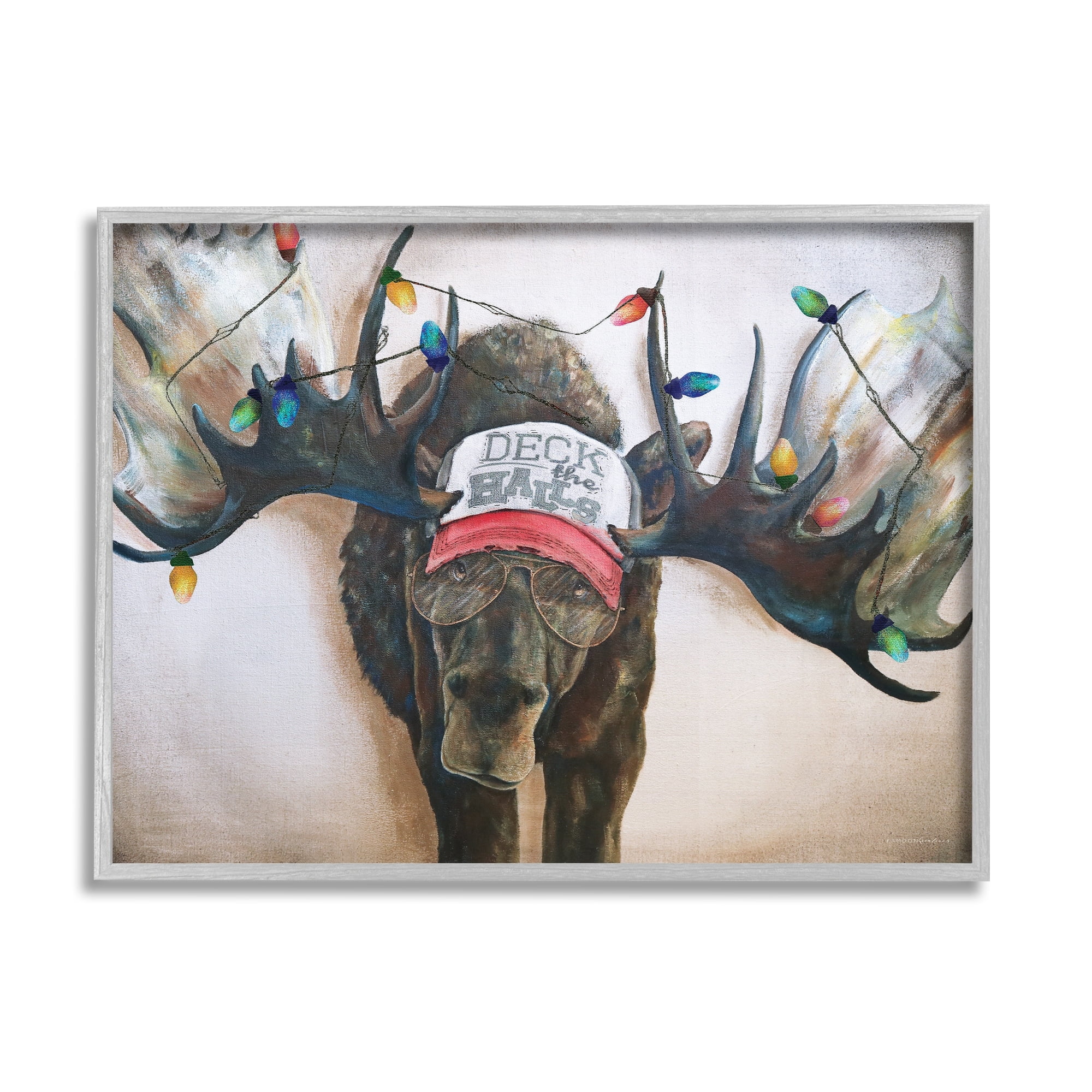 Stupell Industries Holiday Lights Moose Antlers Deck The Halls Hat Framed Wall Art, 14 x 11, Design by Kamdon Kreations