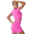 thumbnail image 4 of IBTOM CASTLE Women Workout Sets Yoga Outfits, Short Sleeve Crop Top + High Waisted Running Short Pants Gym Clothes Tracksuit, 2-Piece S Hot Pink, 4 of 6