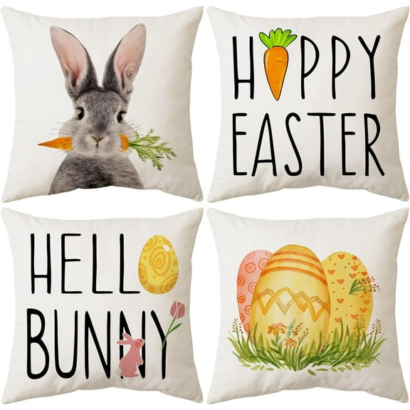 Easter Pillow Covers 18 * 18 Inch - Hello Bunny Decorative Throw Pillow Case for Living Room Couch Bed Car Office, Easter Decorations for The Home,Set of 4