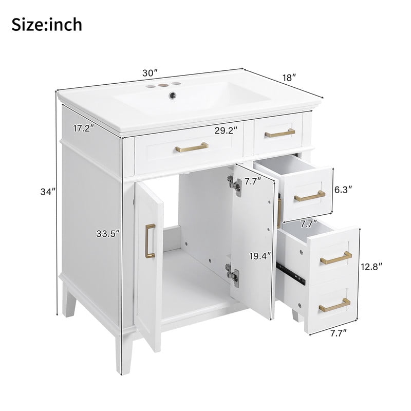 Bellemave 30" Bathroom Vanity Sink Combo, Modern Bathroom Storage Cabinet with 2 Drawers and 2 Soft Closing Door, Freestanding Bathroom Vanities (White)