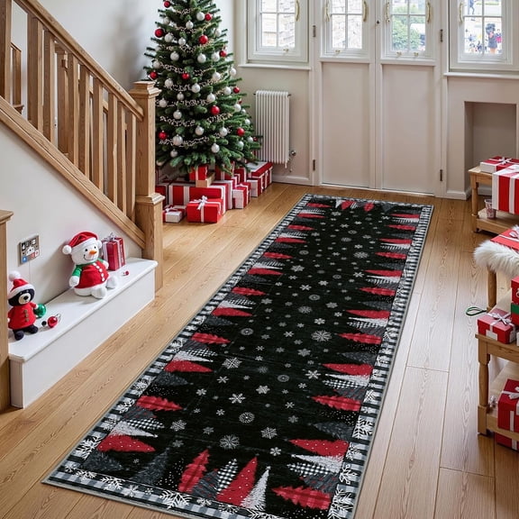 Yesurprise 2'x10' Christmas Runner Area Rugs - Plaid Border Carpet, Washable Holiday Decorative Area Rugs with Non-Slip Snowflake Christmas Tree Design for Hallway, Bedroom, Kitchen - Black