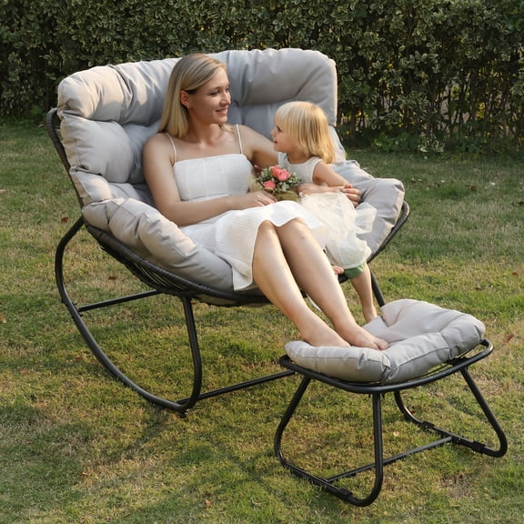 May in Color Patio Rocking Chair with Ottoman and Cushions, Patio Wicker Egg Chair for Outdoor & Indoor, Oversized Papasan Chair, Outdoor Lounge Recliner Chair for Garden, Porch, Light Grey