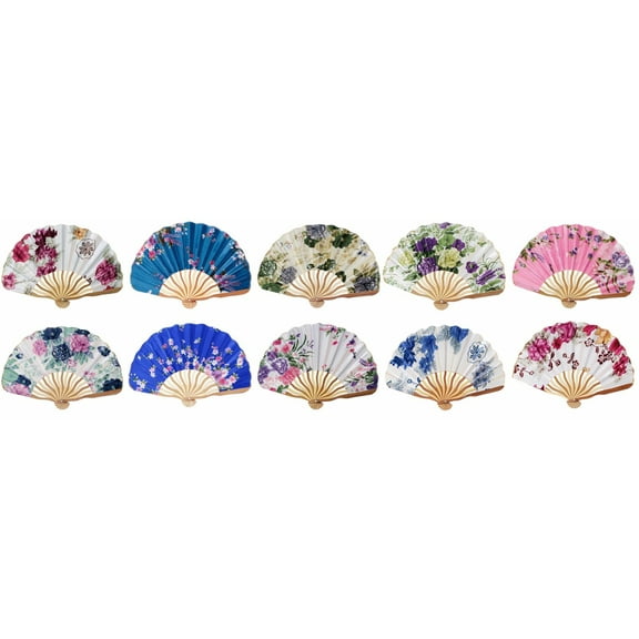 Folding Lace Colorful Floral Nylon Hand Fan, Assorted, 10 Pack