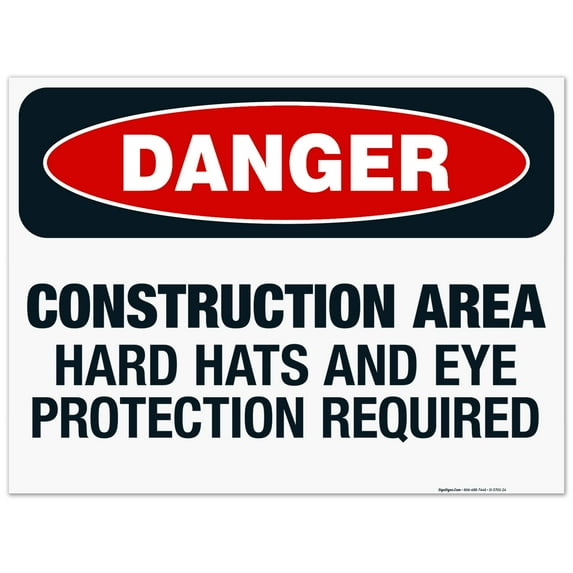 Construction Area Hard Hats And Eye Protection Required Sign, OSHA Danger Sign, 18x24 Corrugated Plastic