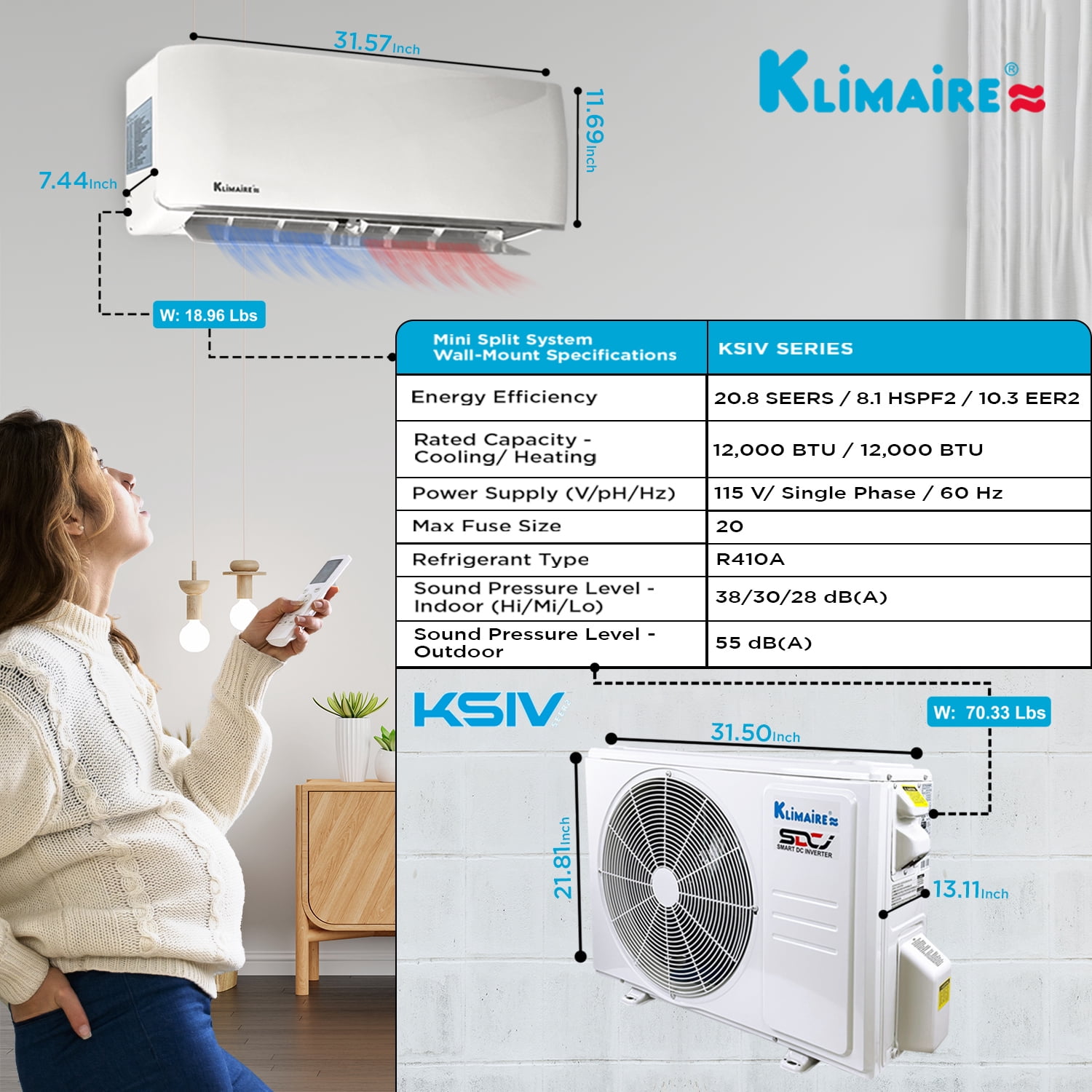 Klimaire 12,000 BTU 20.8 SEER2 Ductless Mini-Split Heat Pump Air Conditioner with Installation Kit, Up to 550 Sq. Ft.