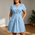 thumbnail image 2 of VBVC Women's Plus Notch V Neck High Waist Midi Dress , Business Short Sleeve Work Dress For Women , Ladies' Pleated A Line Office Dress with Pockets,Blue,L-5XL, 2 of 8