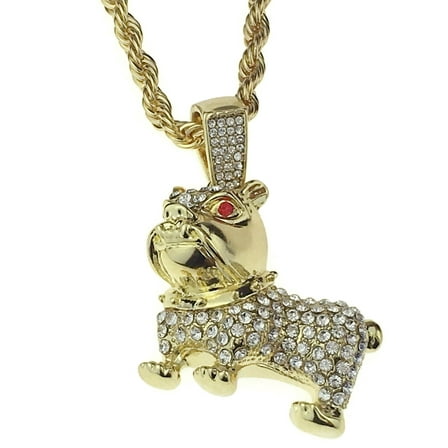 French Bulldog Pendant Chain 14K Gold Plated Red Eyes Dog Bling Charm Rope Necklace 24" Inch