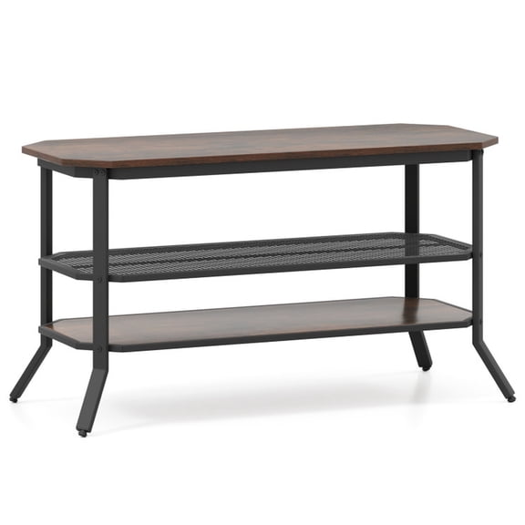 Furnibear 3-Tier Console TV Stand for 50 Inch TV, Industrial Entertainment Center with Mesh Shelf, Rustic Brown
