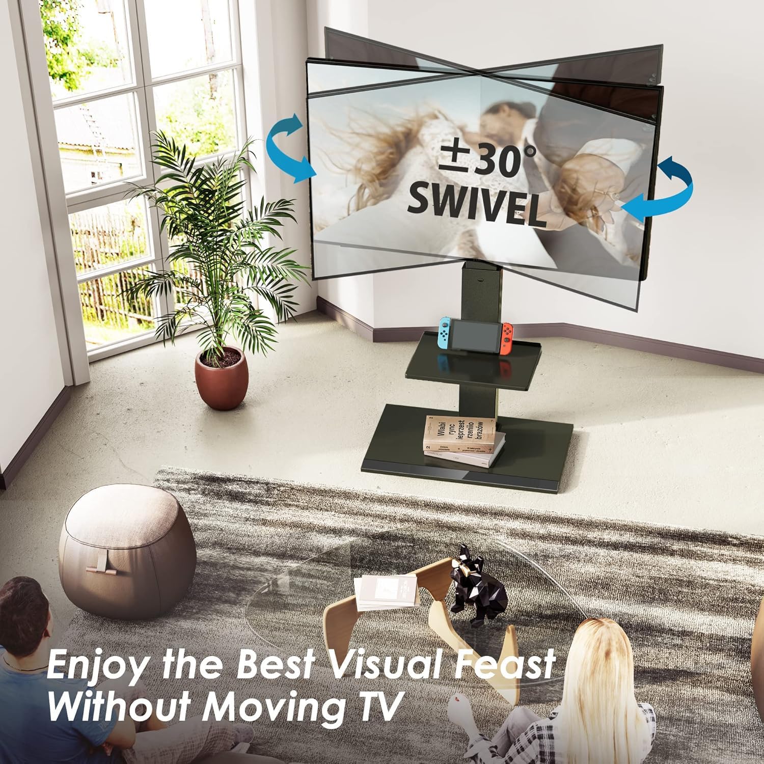 FITUEYES Floor TV Stand for 32–65 Inch TVs, Black, Swivel Mount, Height Adjustable, Iron Base