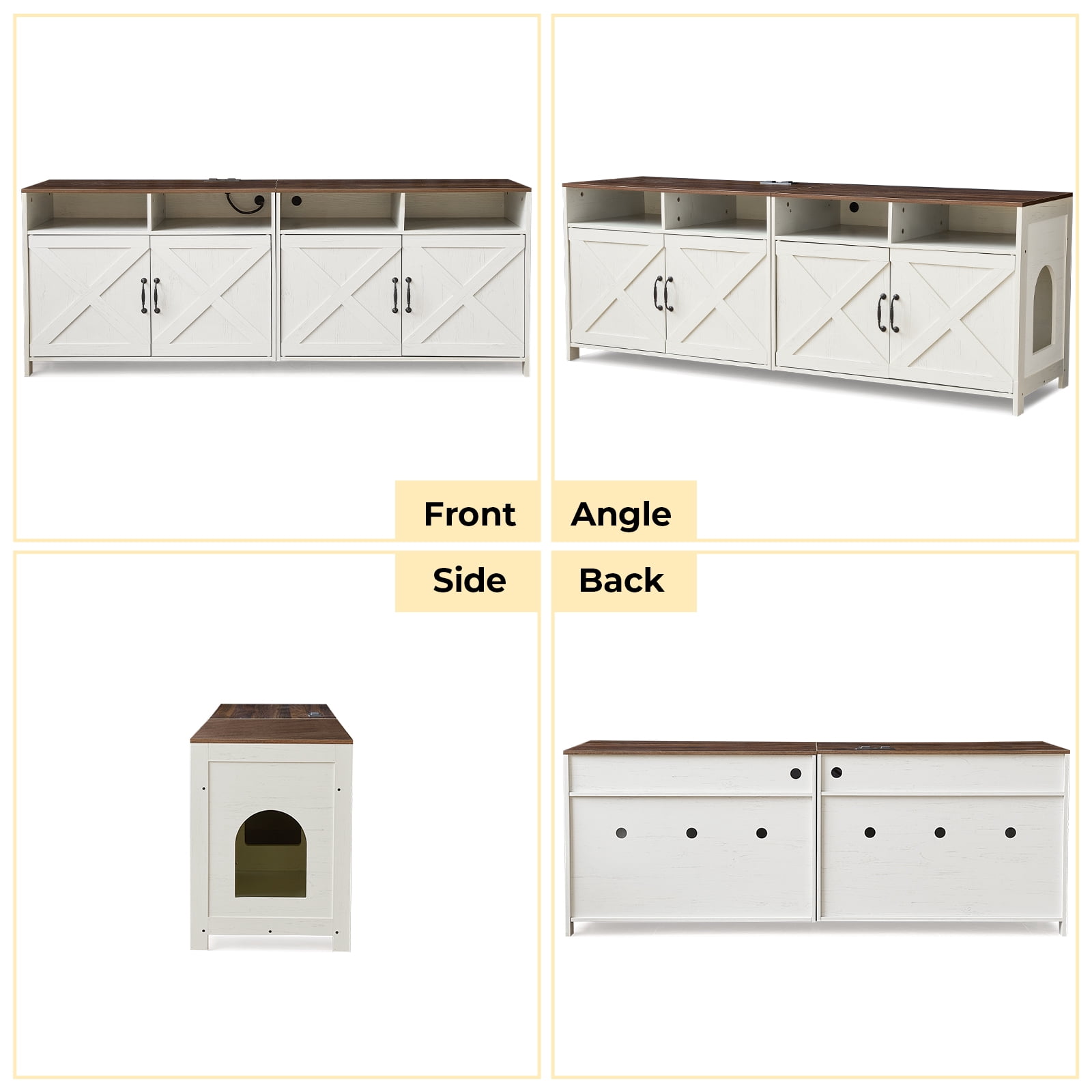 63"W TV Stand Furniture & Hidden Litter Box Enclosure & Double Litter Box For 2 Cats, Farmhouse Inclosed Litter Boxes For Cats with Outlet Power