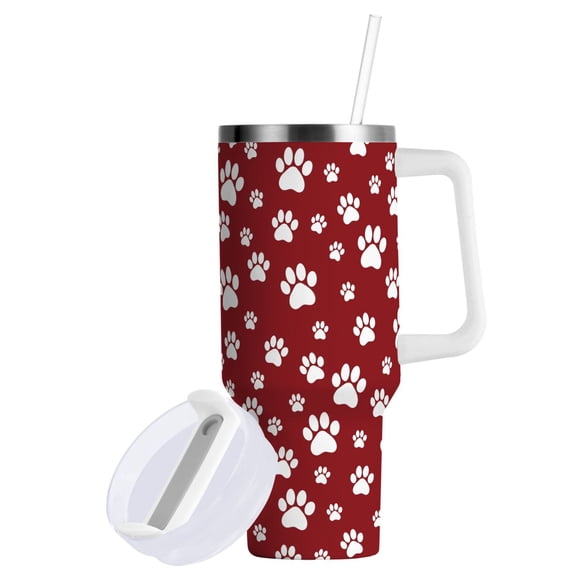 Yayeee 40oz Stainless Steel Tumbler with Straw and Handle Double-Wall Insulated Travel Water Bottle, Red Cartoon Paws Pattern