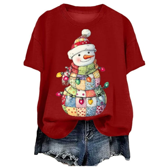 larppty Christmas Shirts Snowman Printed Christmas Short Sleeve Shirts for Women Graphic Tees (Red, L)