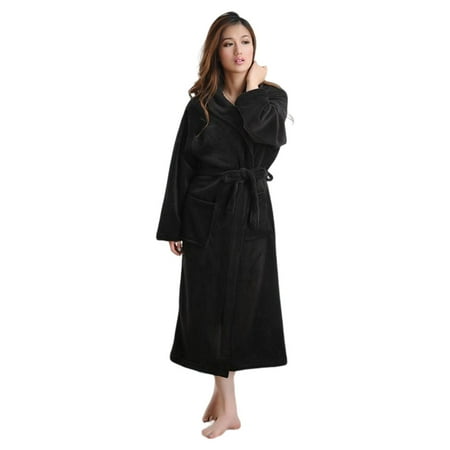 

Wrea Women Polyester Winter Warm Robe Long Sleeve Nightgrown Shower Female Solid Color Pocket Sleepwear for Home Hotel