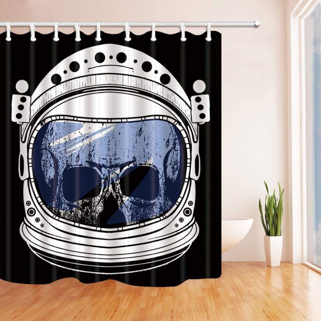 Cortina de baño ABPHQTO Esqueleto del espacio exterior con sombrero espacial Fondo negro 160x180 cm