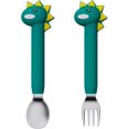 thumbnail image 1 of Baby Forks and Spoons Set Baby Training Utensils Self Feeding Toddler Silverware Silicone and Stainless Steel Kids and Toddler Utensil (Green Dinosaur - Long), 1 of 5