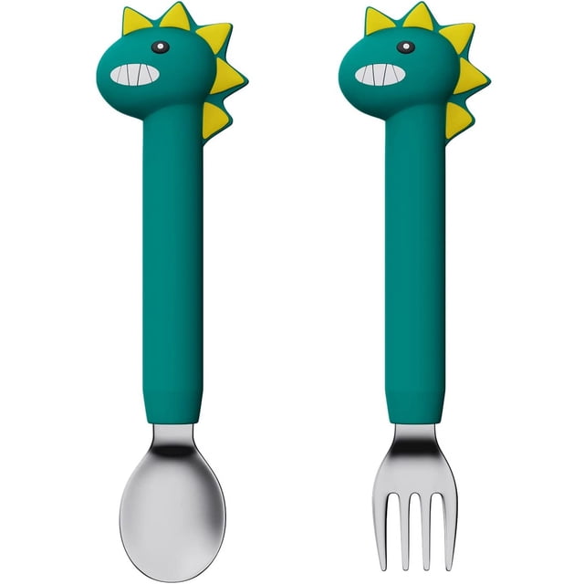Baby Forks and Spoons Set Baby Training Utensils Self Feeding Toddler Silverware Silicone and Stainless Steel Kids and Toddler Utensil (Green Dinosaur - Long)