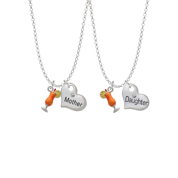 Delight Jewelry Silvertone 3-D Orange Tropical Drink Mother & Daughter Heart Necklaces (Set of 2), 19"+2"