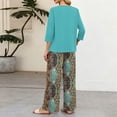 thumbnail image 7 of Vintage Sunflower Sketch Print Two Piece Set for Women, 3/4 Sleeve Button Down Top & Wide Leg Pants - Boho Casual Lounge Outfit with High Waist Trousers Turquoise XL, 7 of 7