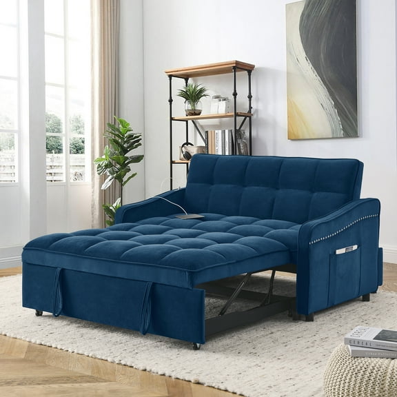 Lunale Pull Out Sofa Bed, Loveseat Sleeper with USB/Type-C, Adjust Back, Convertible Sleeper Sofa for Living Room/Apartment, Blue Velvet