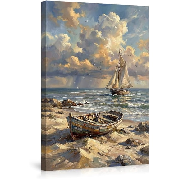 Seaside Sailboat Canvas Prints Wall Art,Coastal Ocean Scene with Wooden Boat on Sandy Beach,Nautical Decor for Living Room Bedroom,Painting Style Poster Artwork--