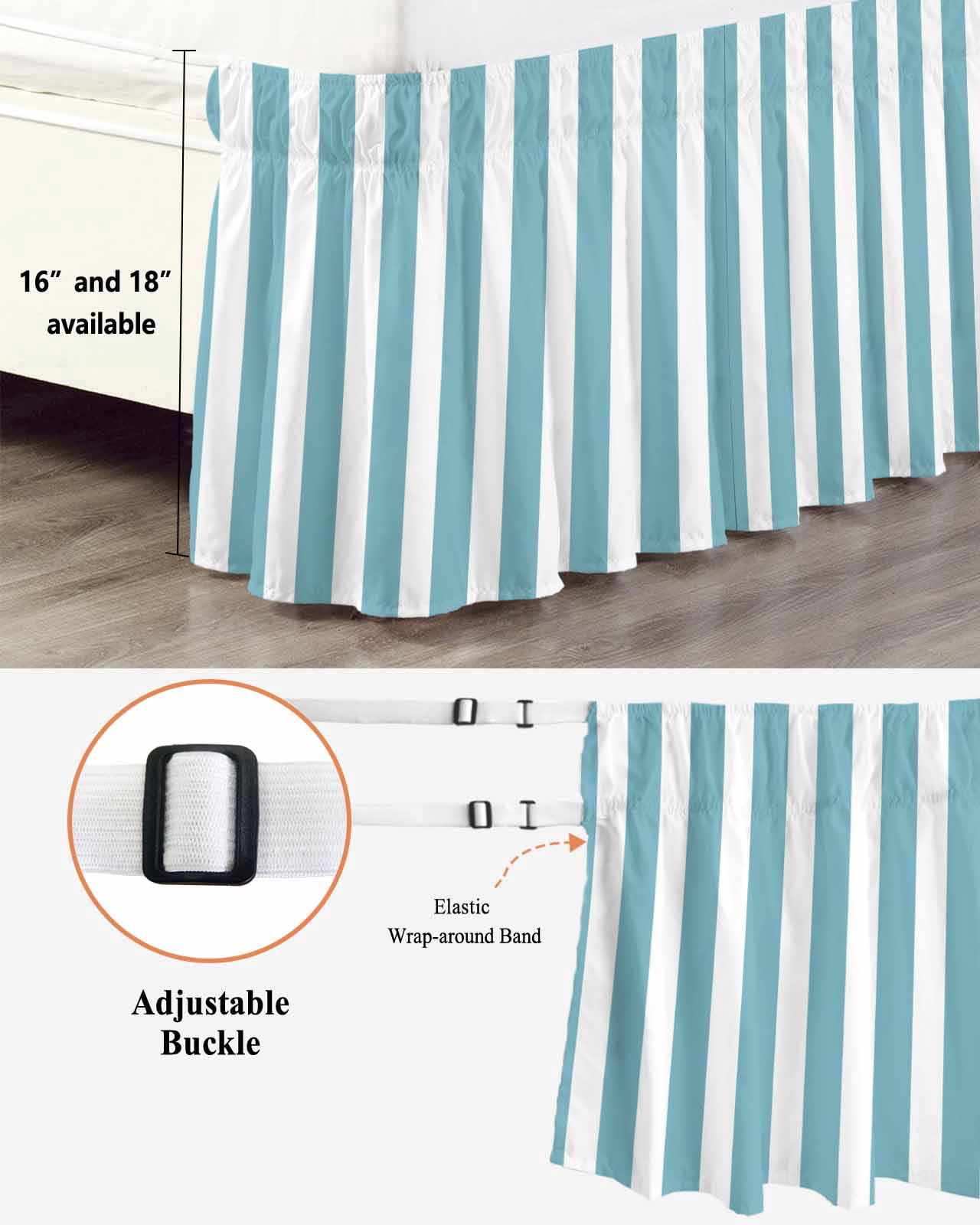 Aqua Striped Bed Skirt King Size, Modern Farmhouse Blue White Stripes Wrap Around Bed Skirting with Adjustable Elastic Strap, Dust Ruffled Pleated Bedskirts 18 Inch Drop for Bedroom King Beds