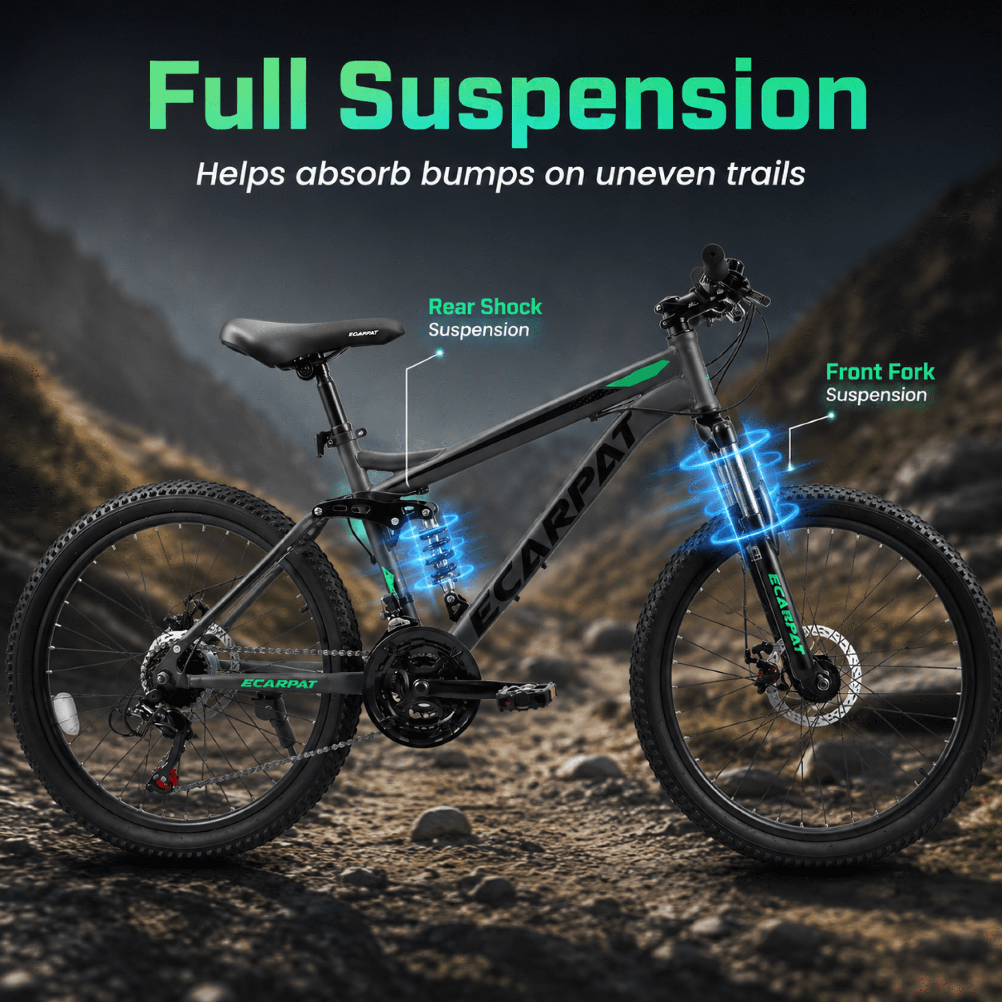 FUPOJH 26" Full Suspension Mountain Bike,21-Speed,Disc Brakes,250lb,Adult Unisex All-Terrain Bike,Gray