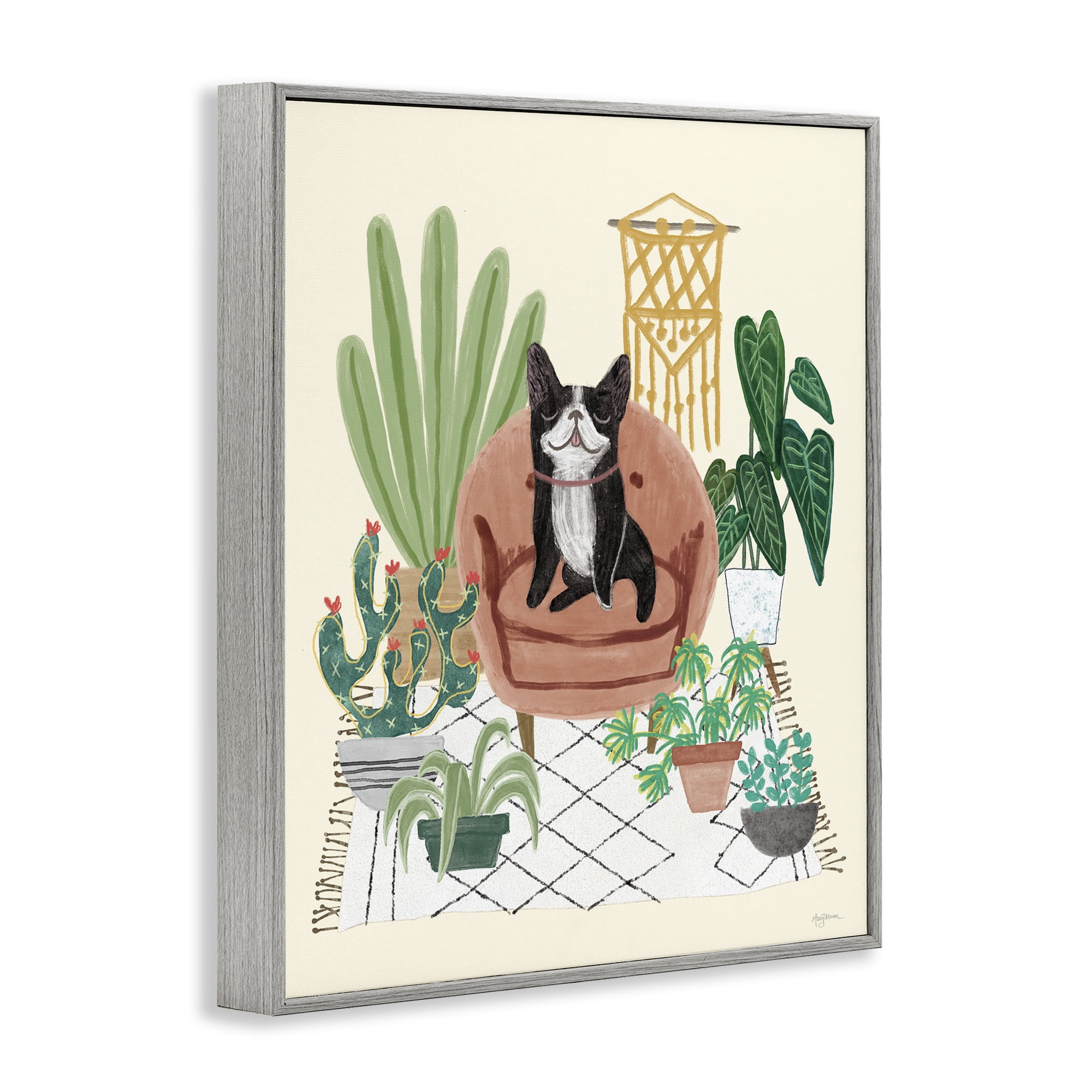 Stupell Industries French Bulldog & Plants Animals & Insects Painting Gray Framed Art Print Wall Art, 11 x 14