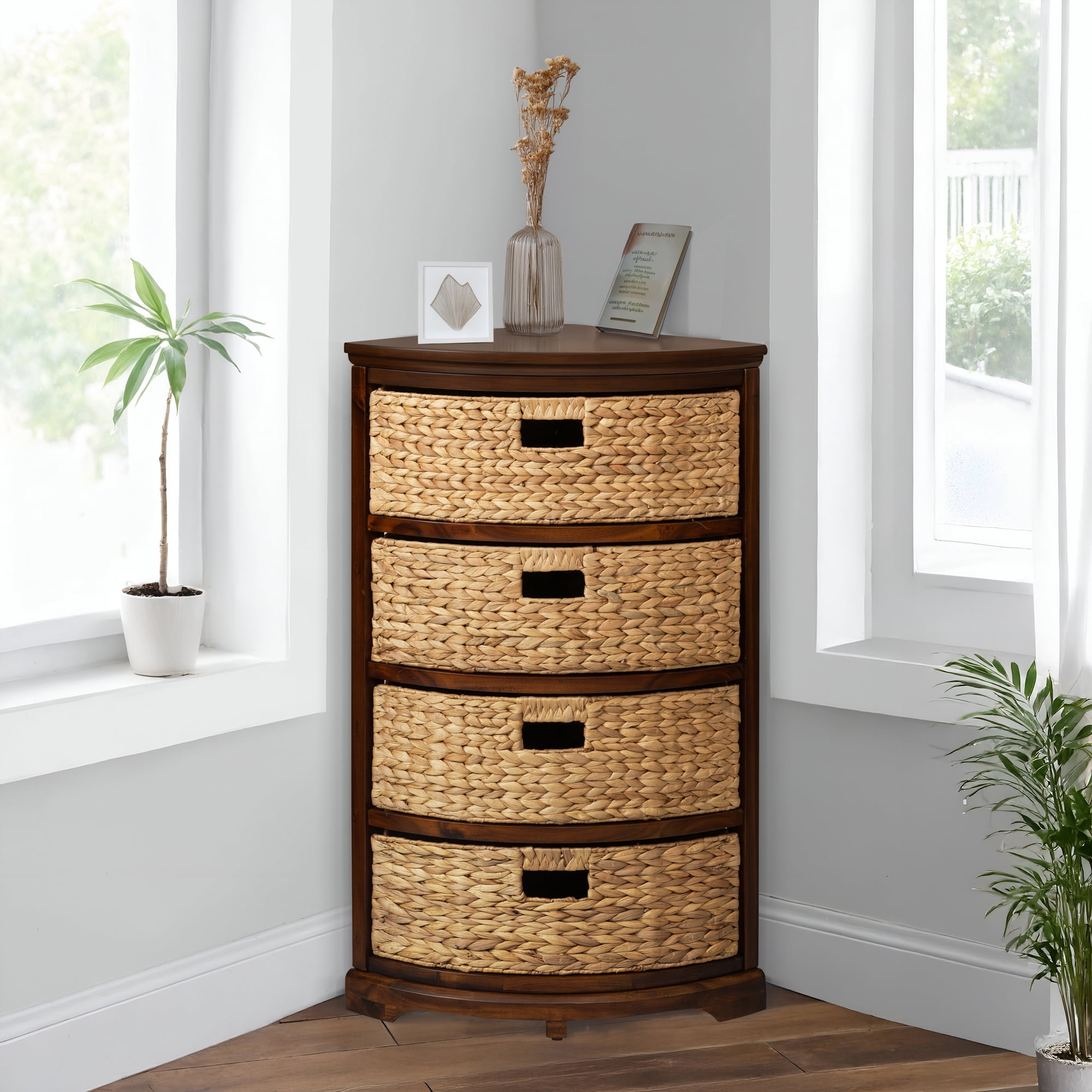 eHemco Hampton Meadows 4 Tier X-Side Corner Storage Cabinet with 4 Wicker Baskets, Walnut