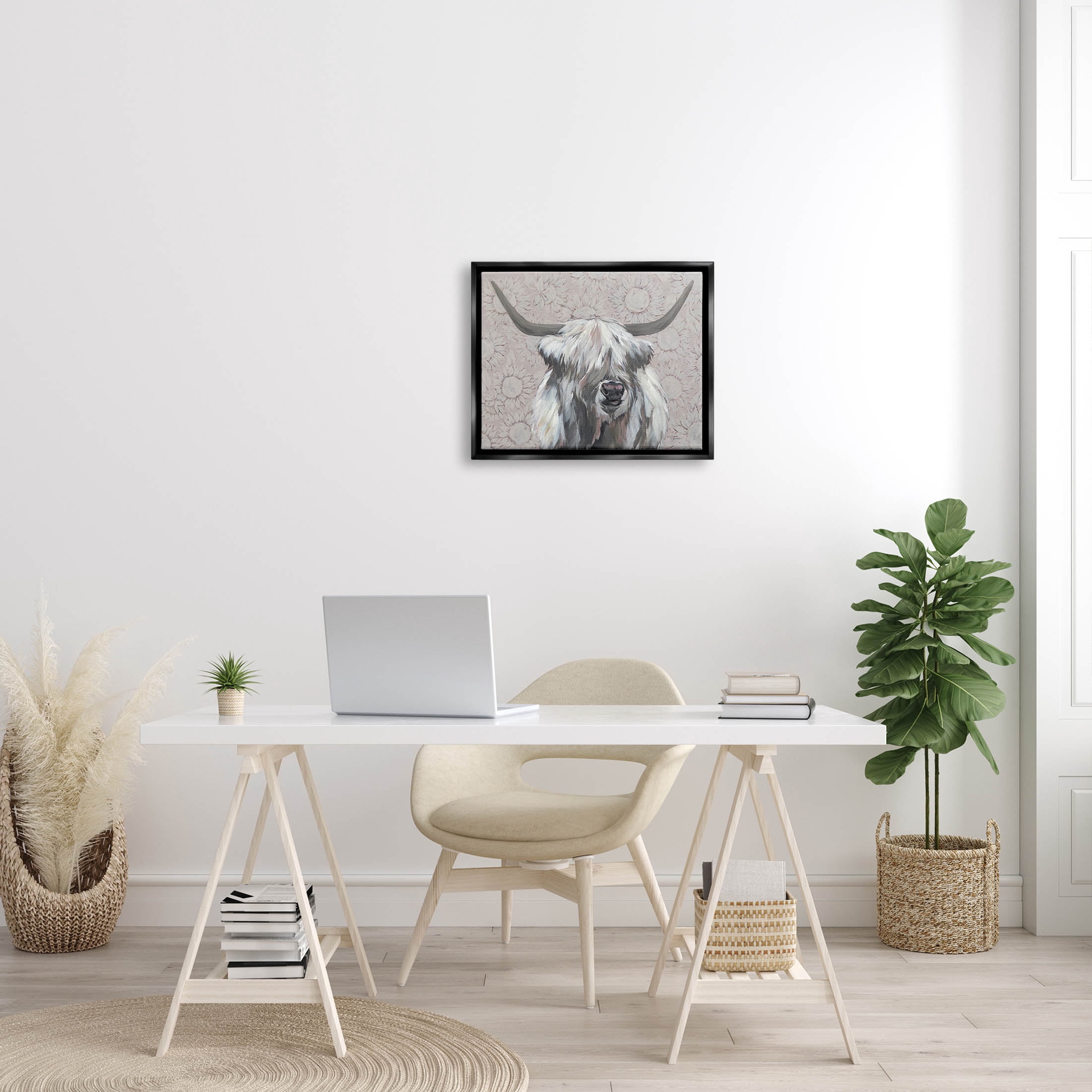 Stupell Industries Gazing Highland Cattle Sunflower Pattern Painting Jet Black Floating Framed Canvas Print Wall Art, Design by Michele Norman