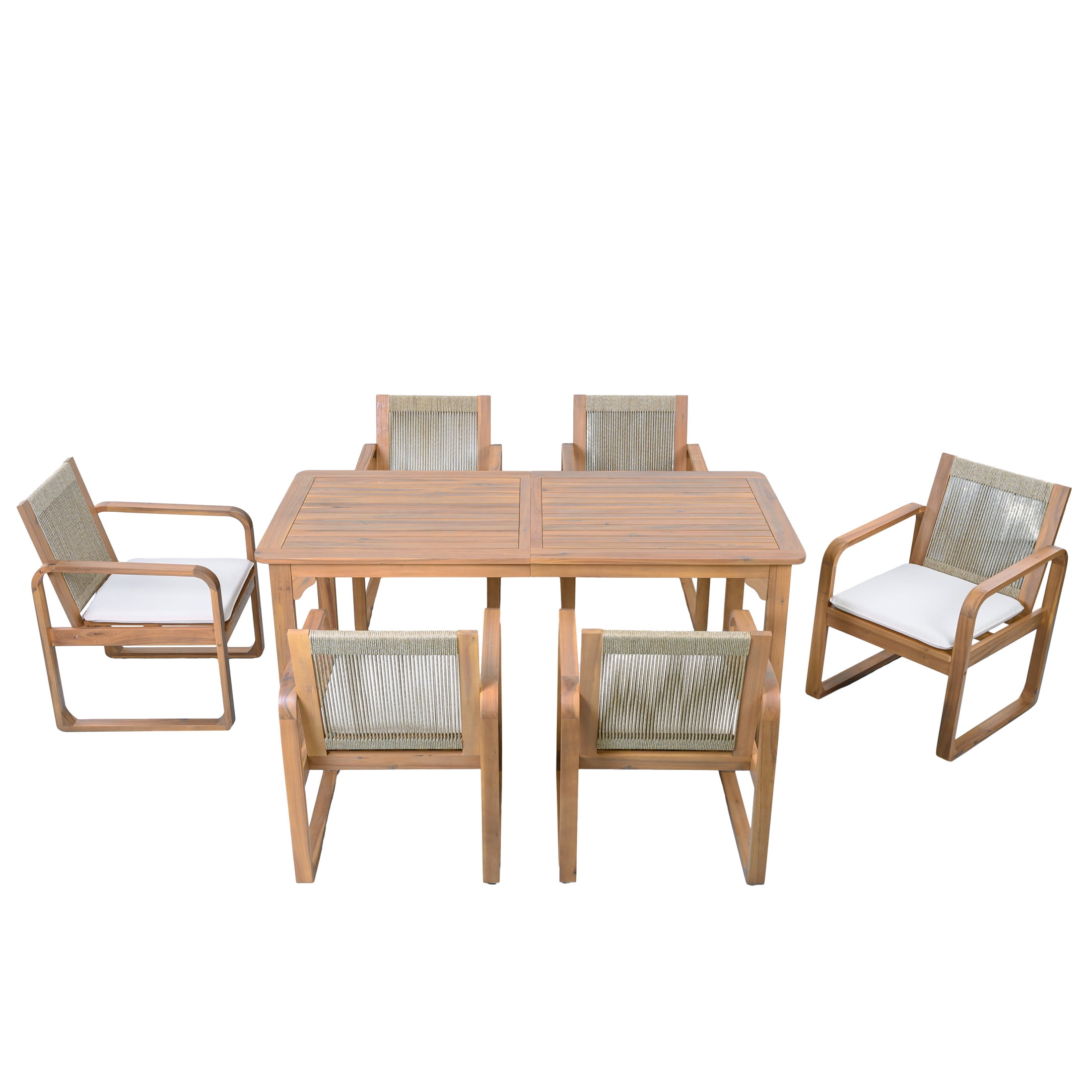 Christopher Knight Home 7-Piece Outdoor Curved Leg Dining Set, Rope Back Chairs with Cushions, Light Teak