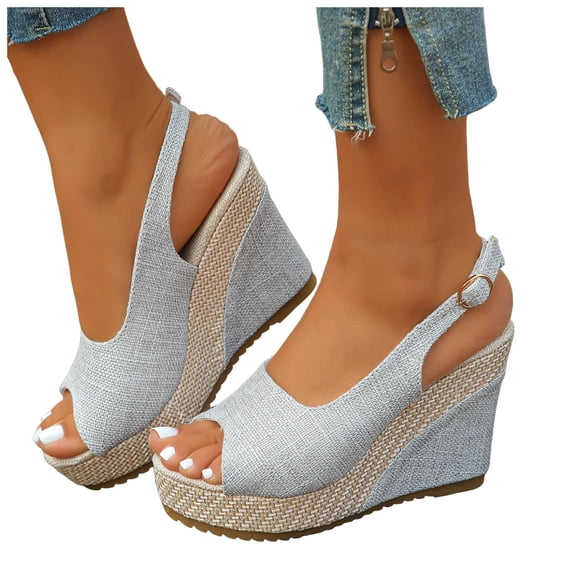 Platform Espadrilles for Women Open Toe Wedge Sandals Nonslip Casual Slingback Heels Adjustable Strap Summer Footwear Silver Size 9.5