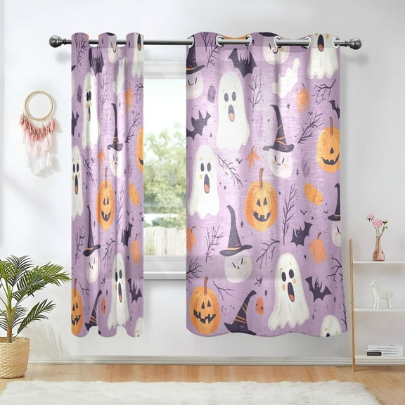 Yayeee Window Curtains Light Filtering 63"x42" Grommet Panel Pair Home Living Room Decor, Purple Cute Halloween