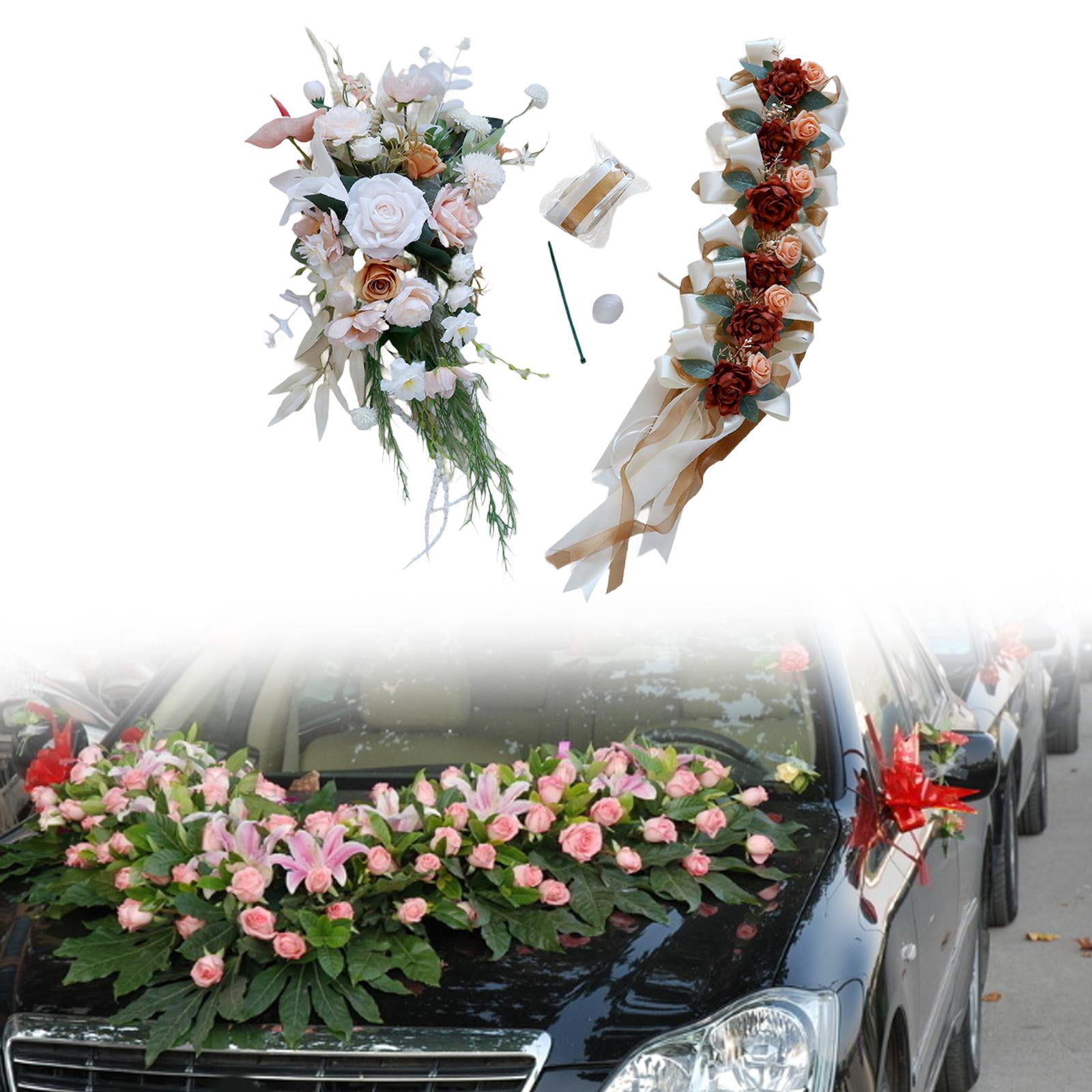 Tachiuwa Wedding Car Decoration Set Artificial Flowers Easy Installation Elegant Wedding Car Ribbons and Bows for Ceremony Accessories Pink