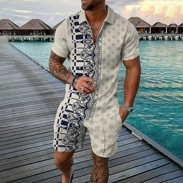 WILLBEST Pantalones Cortos Cortos para Hombre, Conjuntos de Camisa y Pantalones Cortos Casuales de Manga Corta para Hombre, Conjunto de Chándal de Verano de Dos Piezas con Cremallera