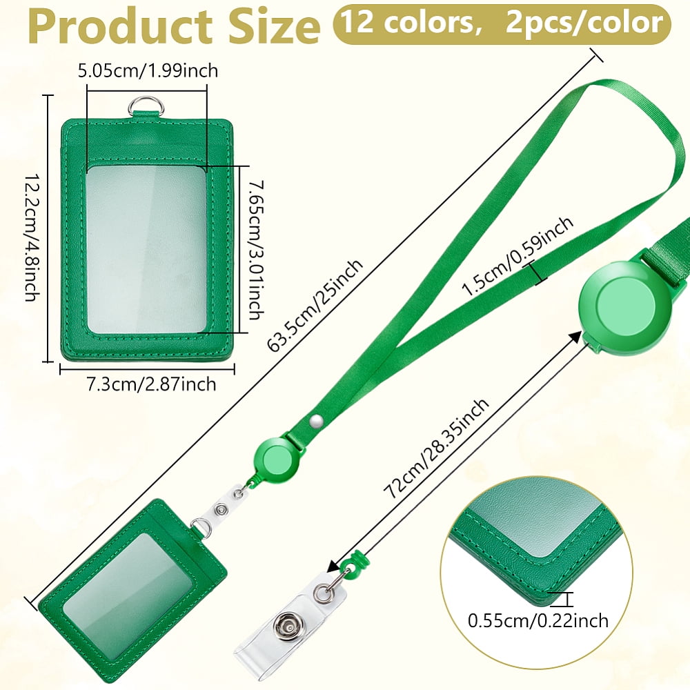 24 Pack PU Leather Badge Card Holder Colorful Retractable Lanyards with Vertical ID Card Badges Name Tag Holder Holder with Clear Window