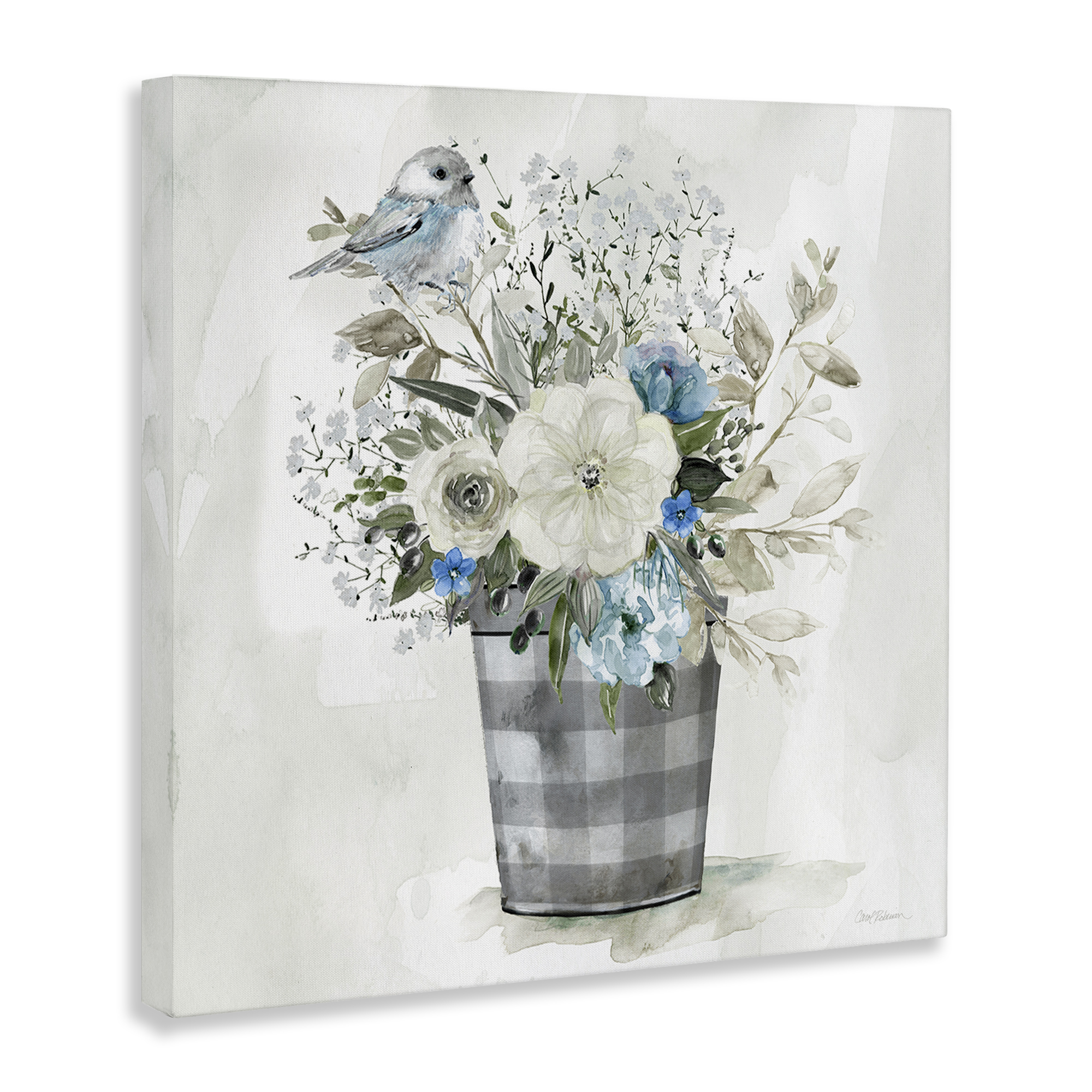 Stupell Industries Cottage Blooms Plaid Vase Plants & Flowers Painting Wrapped Canvas Art Print Wall Art, 24 x 24