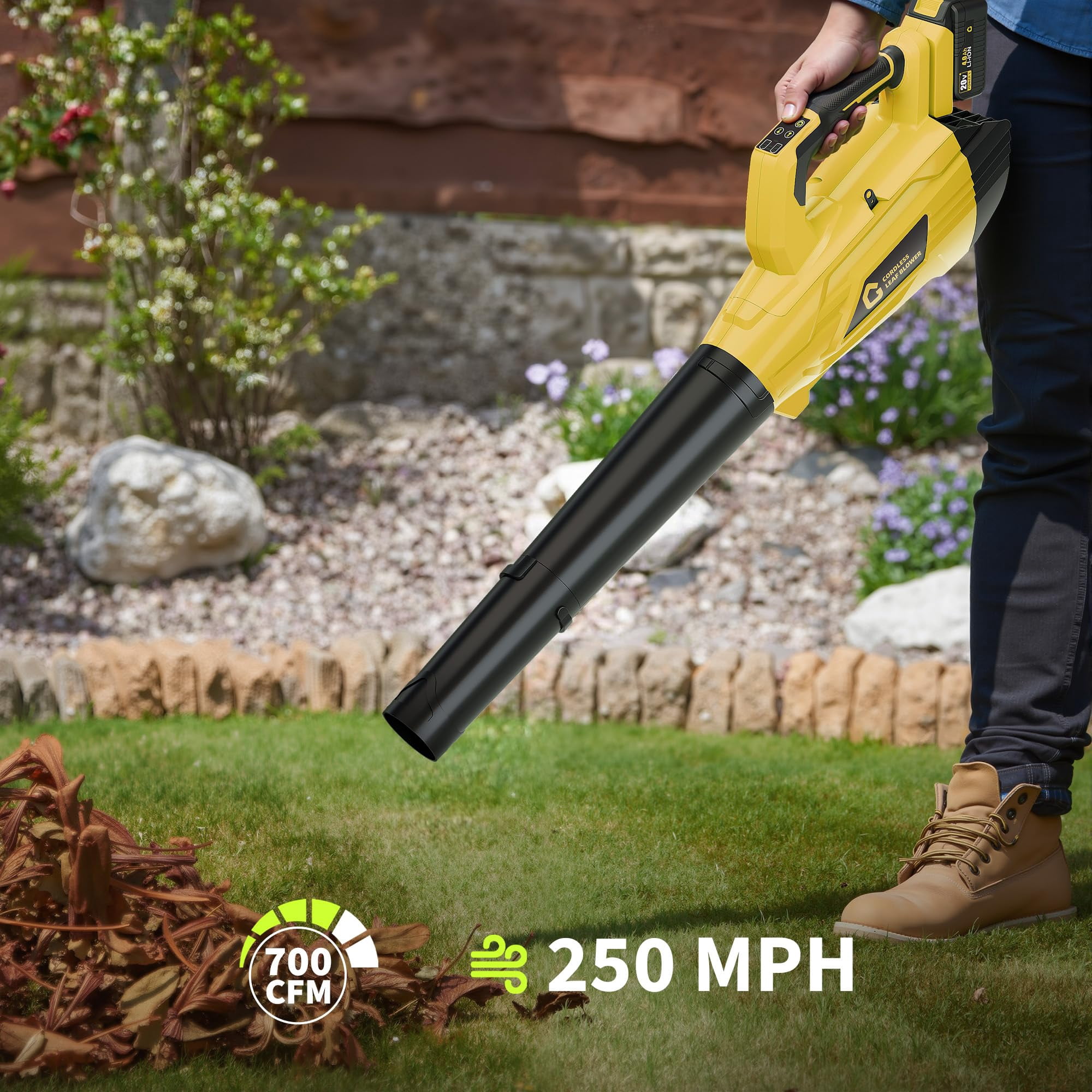 Yellow 20V Cordless Handheld Electric Leaf Blower, 700CFM 250MPH