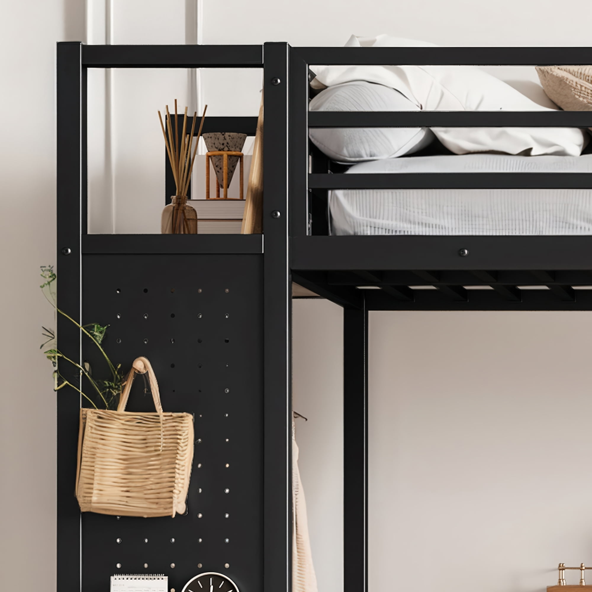 Leumius Twin XL over Twin XL Metal Bunk Bed with Built-in Wardrobe,Heavy Duty Loft Bed Frame with Storage Shelves,Drawers and Pegboard,Space-Saving,Black