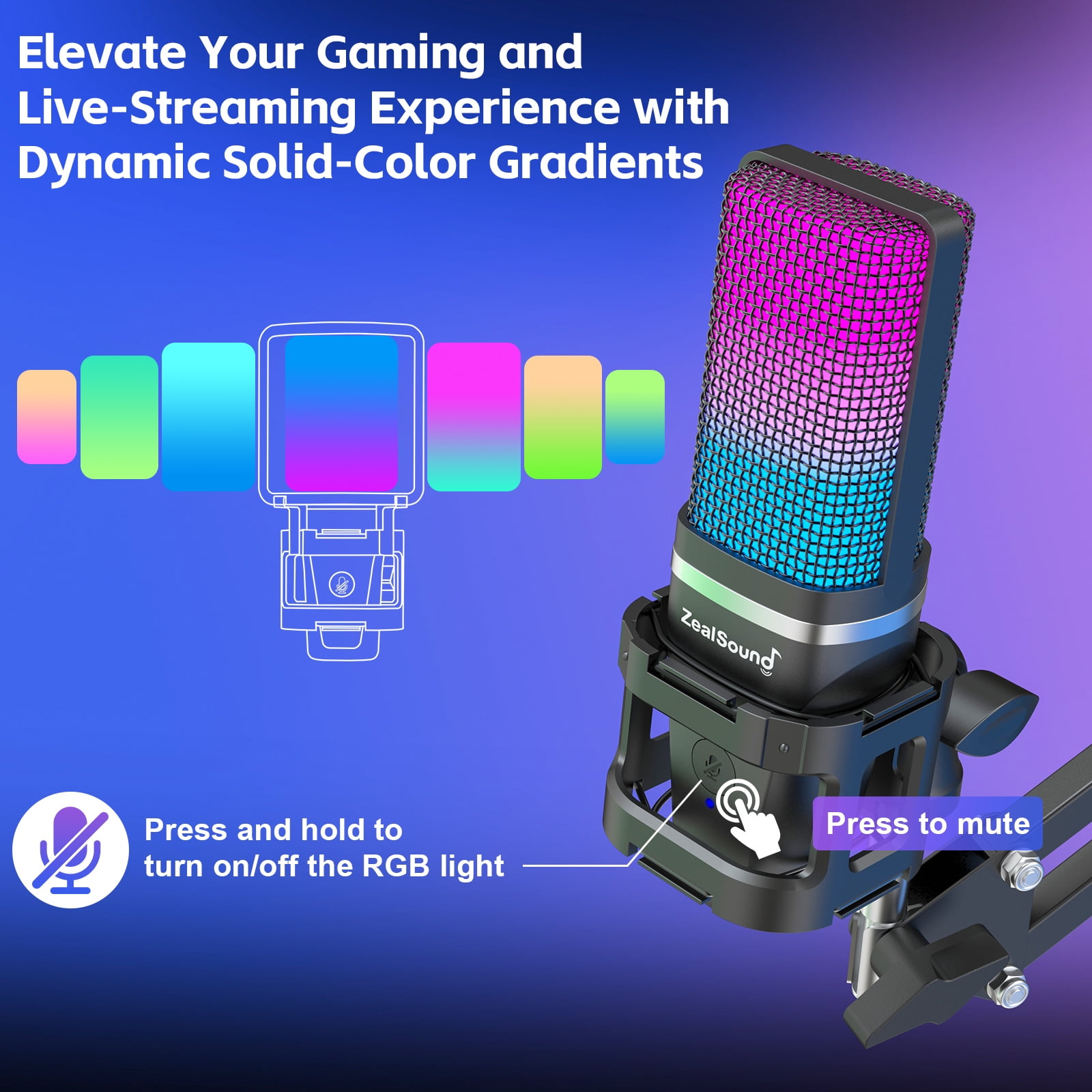 ZealSound Gaming USB Microphone,Noise Cancellation Condenser Mic,3.5mm Headphone,RGB Microphone with Mute,Gain,Monitoring,Boom Arm,Pop Filter for Phone,PC,Computer,Mac,Streaming,Podcast